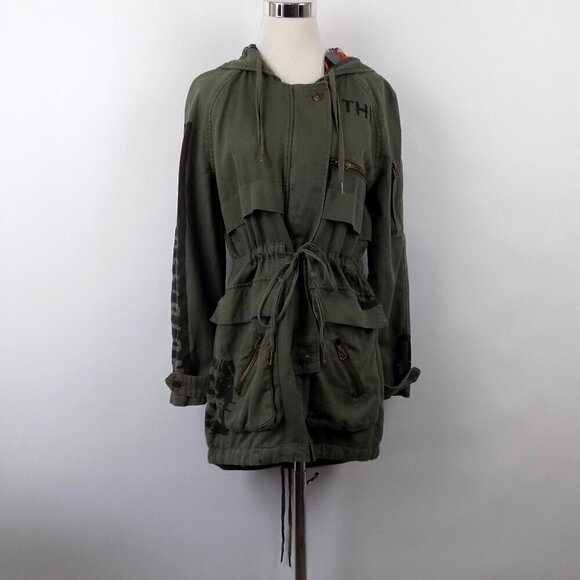 True Religion Parka Jacket Military Army Green Size Small Linen Blend Hooded - Picture 1 of 10